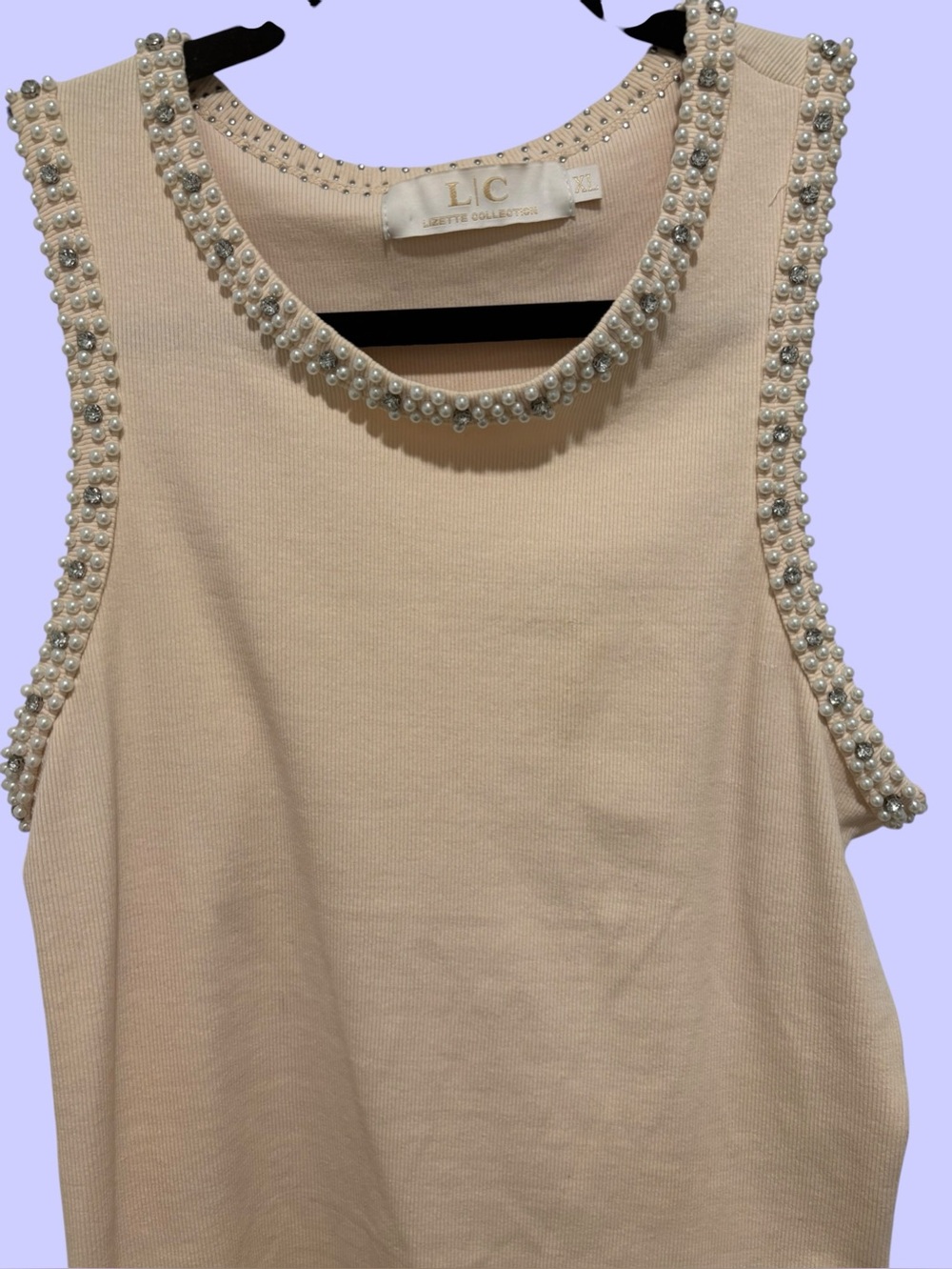Lizette Collection Embellished Cream Pearl-Trim Tank Top XL